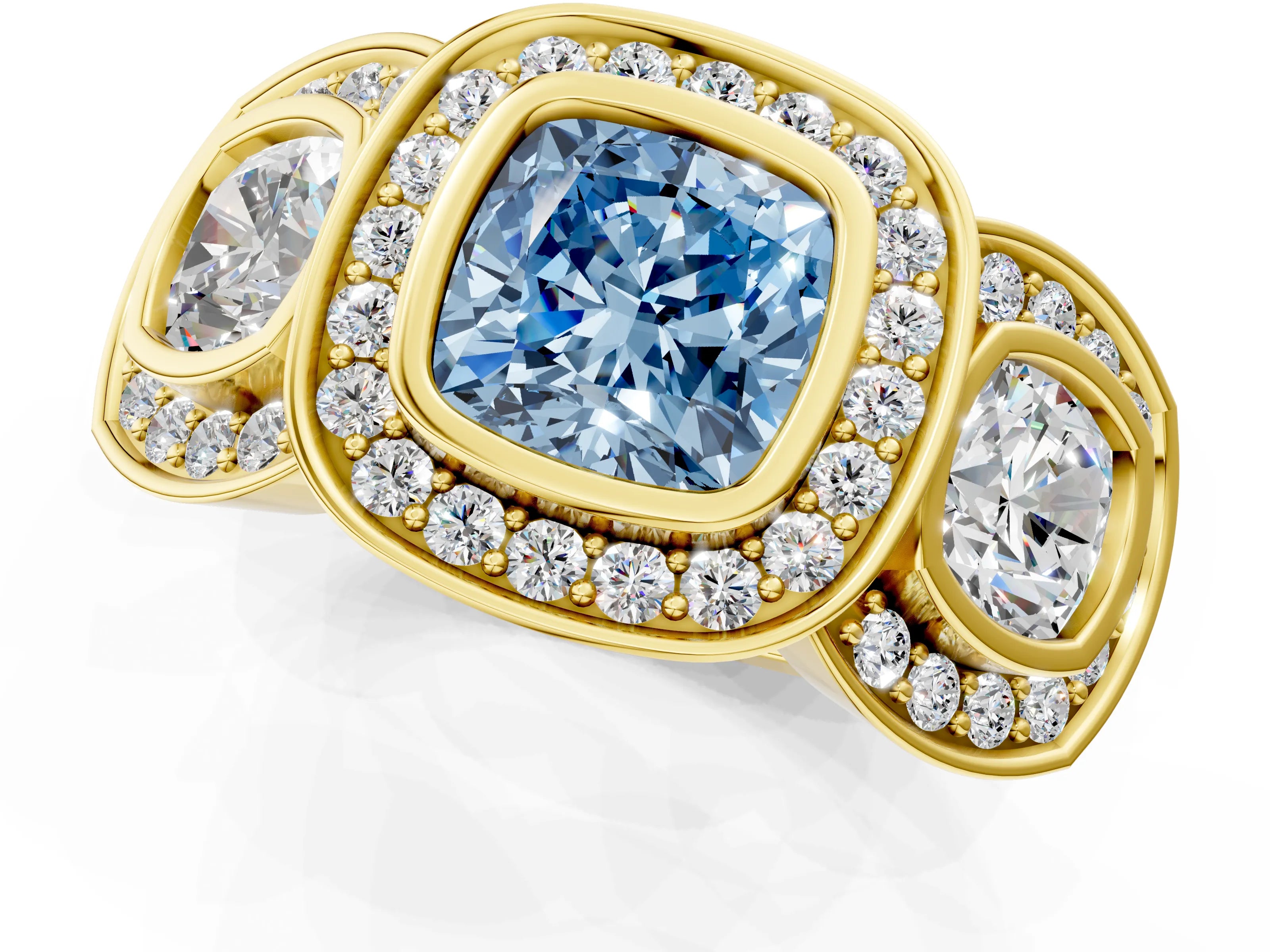 Yellow gold Three-Stone Fancy Blue Cushion Cut Halo Pavé Diamond Ring_1