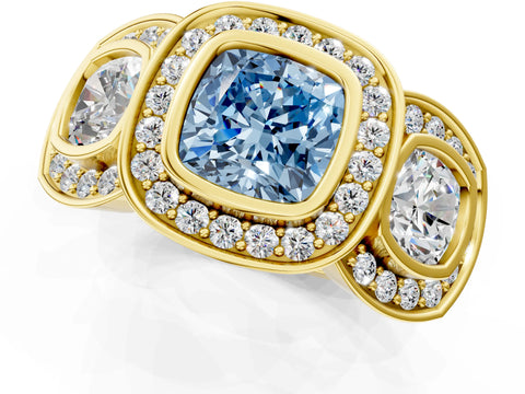 Yellow gold Three-Stone Fancy Blue Cushion Cut Halo Pavé Diamond Ring_1