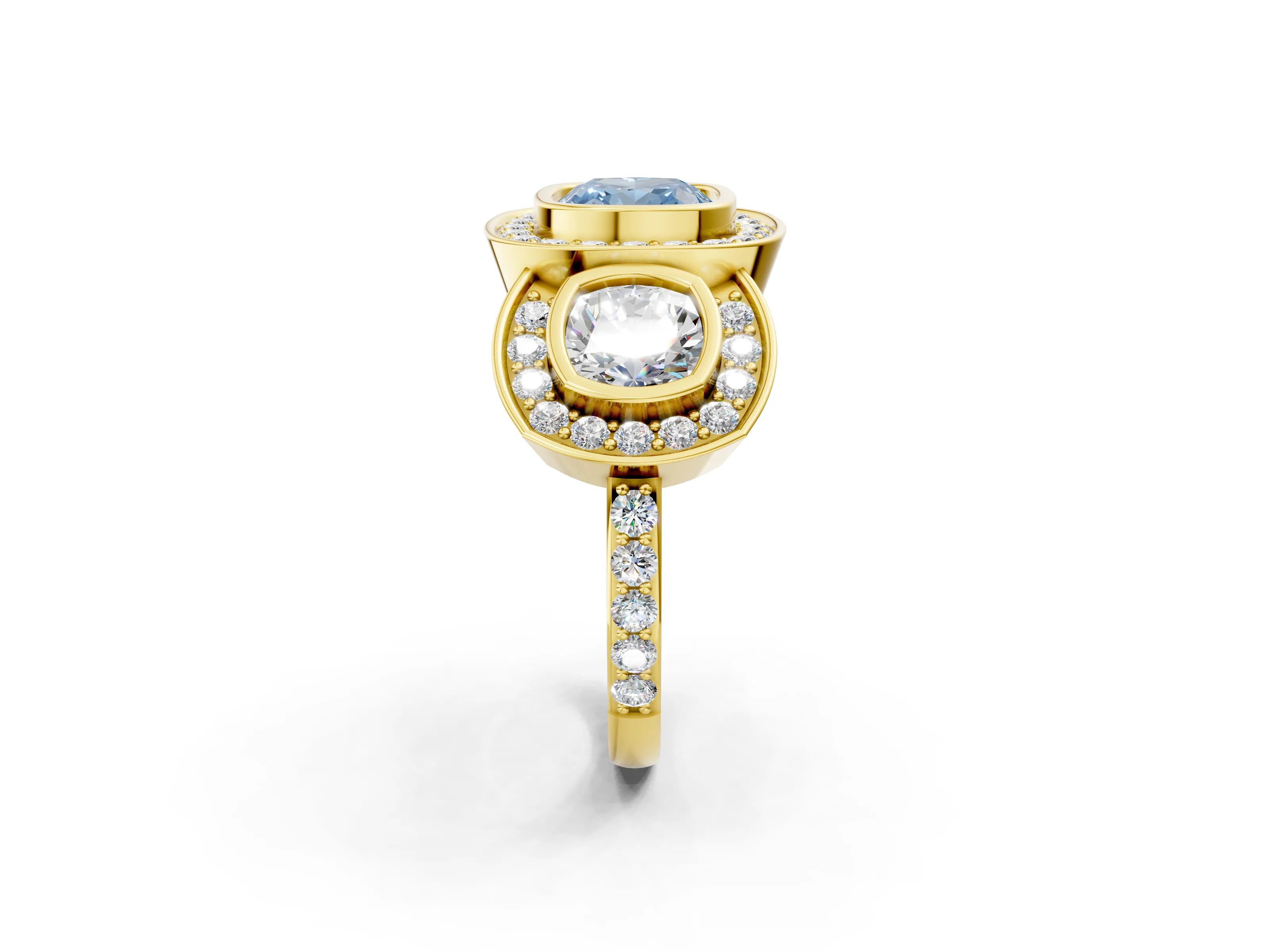 Yellow gold Three-Stone Fancy Blue Cushion Cut Halo Pavé Diamond Ring_2