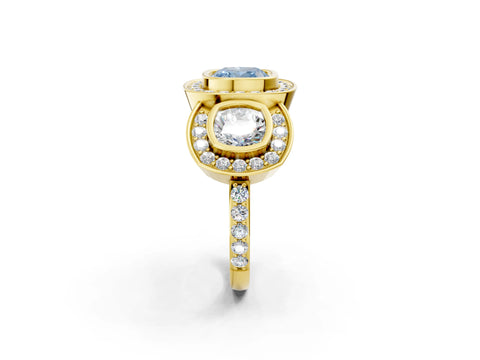 Yellow gold Three-Stone Fancy Blue Cushion Cut Halo Pavé Diamond Ring_2