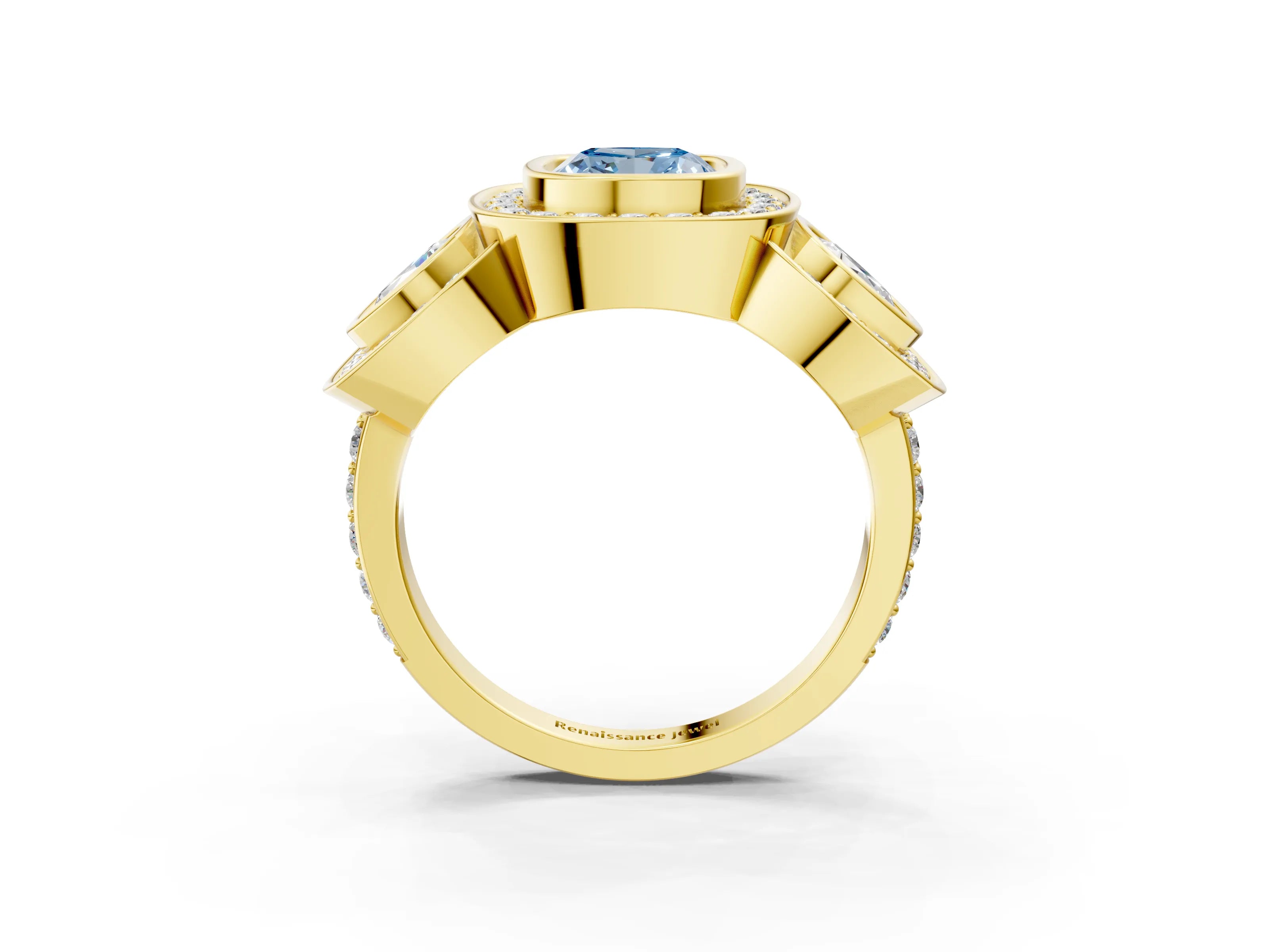 Yellow gold Three-Stone Fancy Blue Cushion Cut Halo Pavé Diamond Ring_3