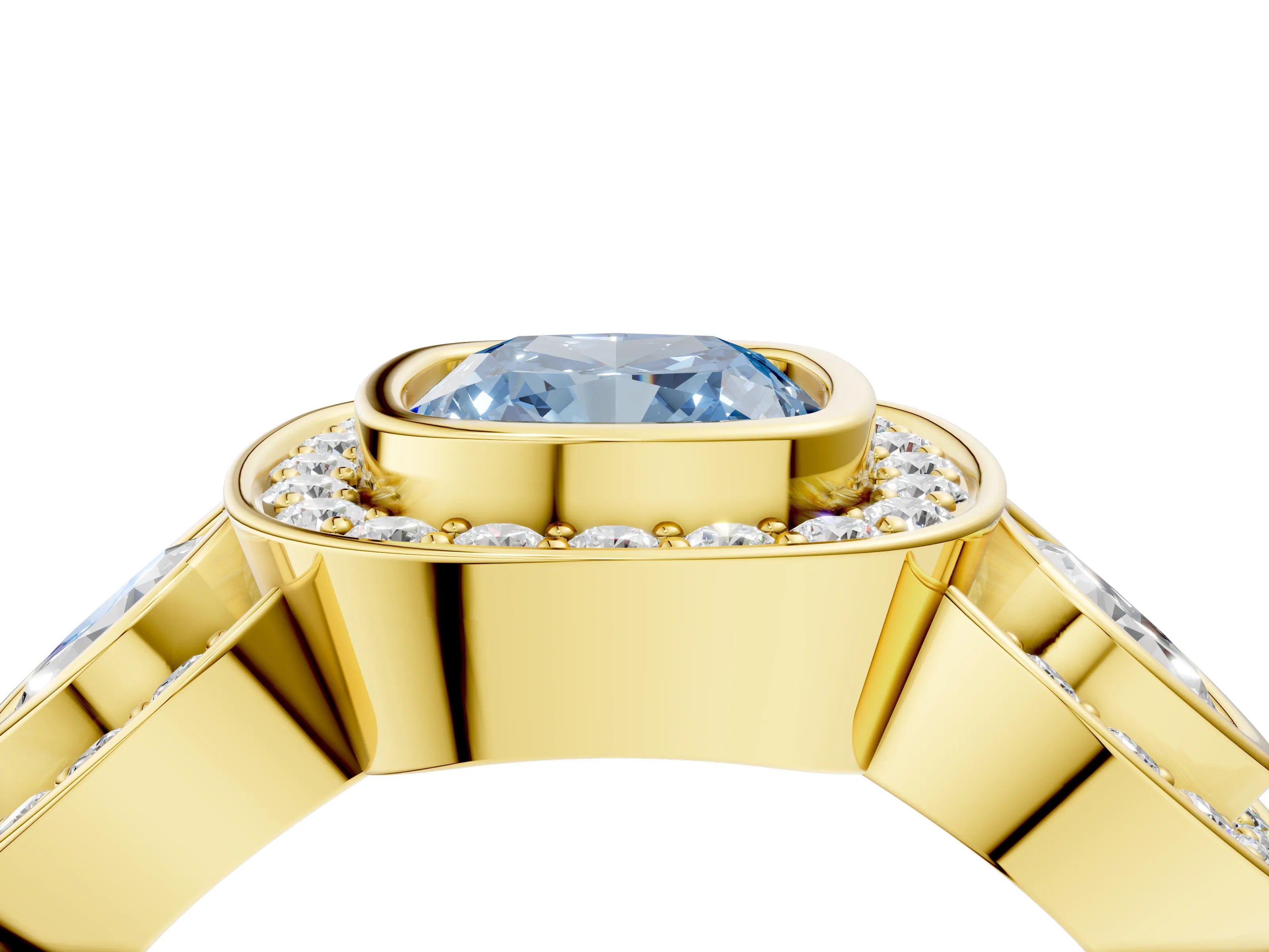 Yellow gold Three-Stone Fancy Blue Cushion Cut Halo Pavé Diamond Ring_4