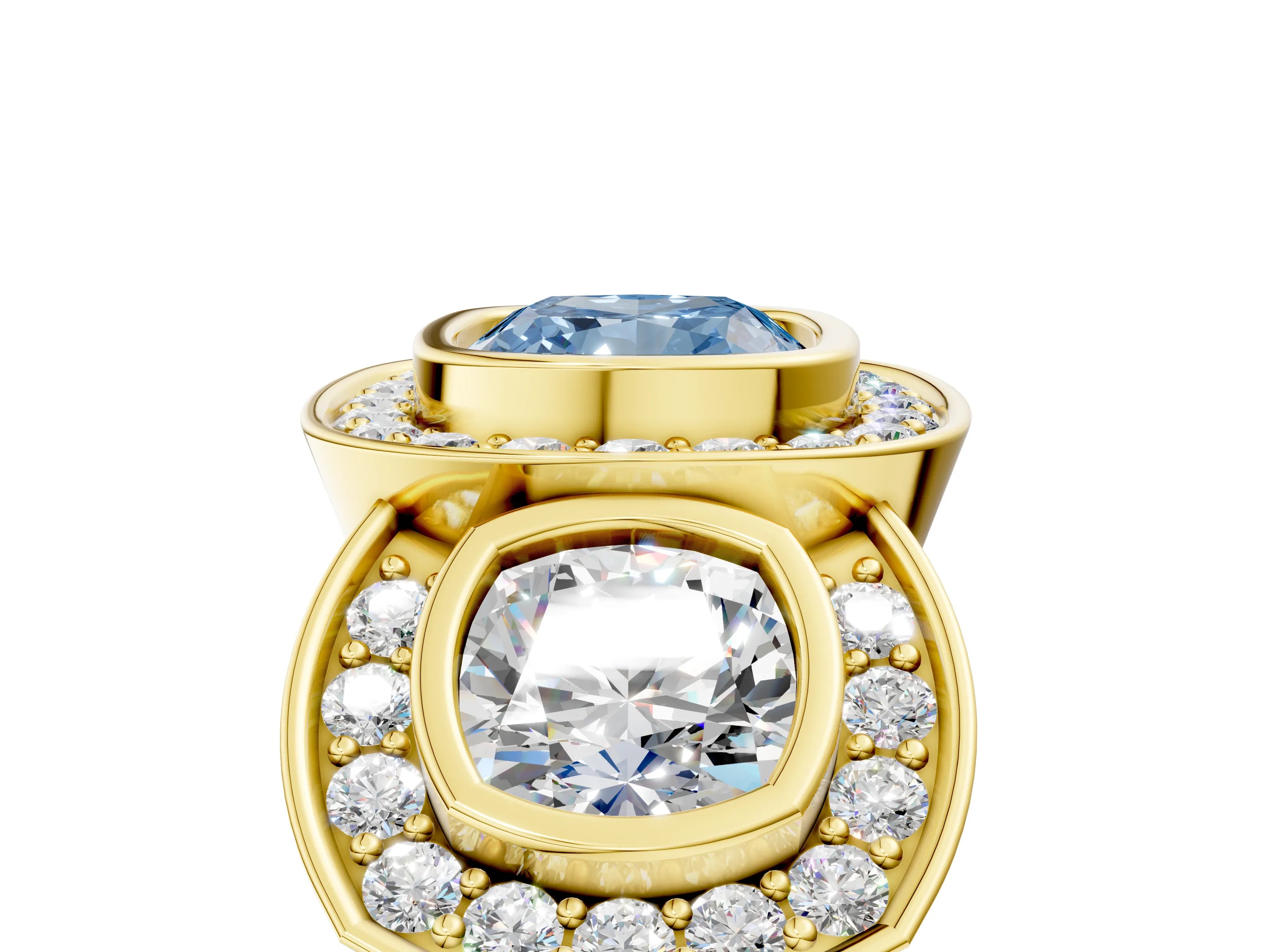Yellow gold Three-Stone Fancy Blue Cushion Cut Halo Pavé Diamond Ring_5