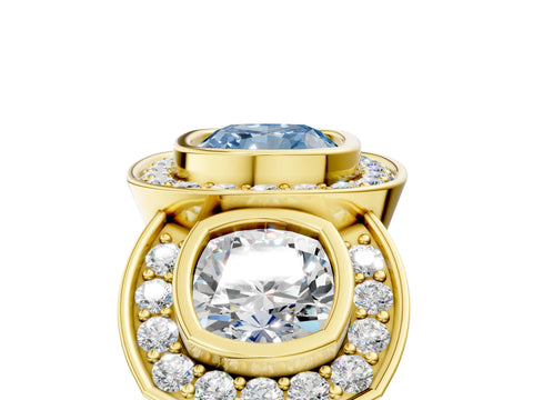 Yellow gold Three-Stone Fancy Blue Cushion Cut Halo Pavé Diamond Ring_5