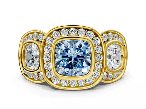 Yellow gold Three-Stone Fancy Blue Cushion Cut Halo Pavé Diamond Ring