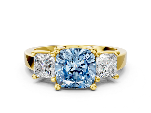 Yellow gold Three-Stone Fancy Blue Cushion  Cut Solitaire Ring with Prong Setting