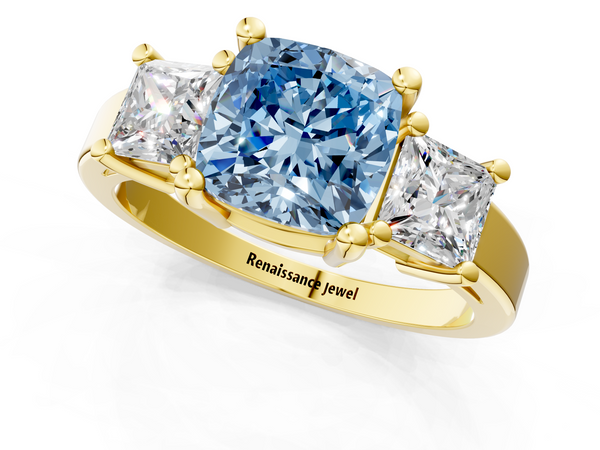Yellow gold Three-Stone Fancy Blue Cushion  Cut Solitaire Ring with Prong Setting