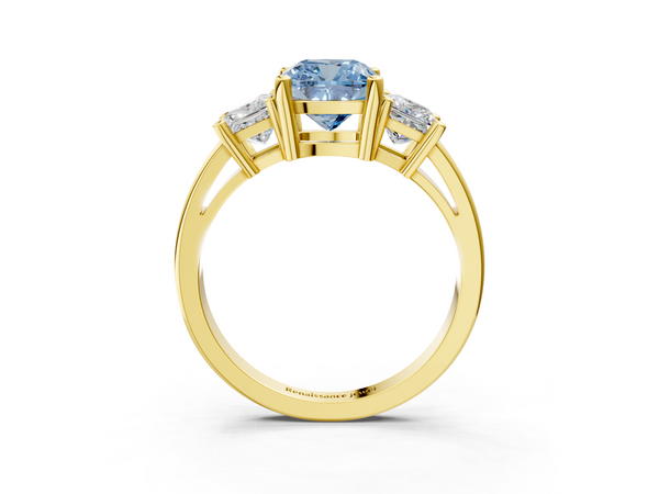 Yellow gold Three-Stone Fancy Blue Cushion  Cut Solitaire Ring with Prong Setting