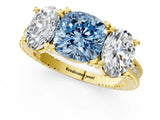 Yellow gold Three-Stone Fancy Blue Cushion  Diamond Milgrain Pave Band with Prong Setting 1
