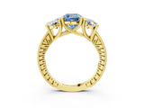 Yellow gold Three-Stone Fancy Blue Cushion  Diamond Milgrain Pave Band with Prong Setting 3
