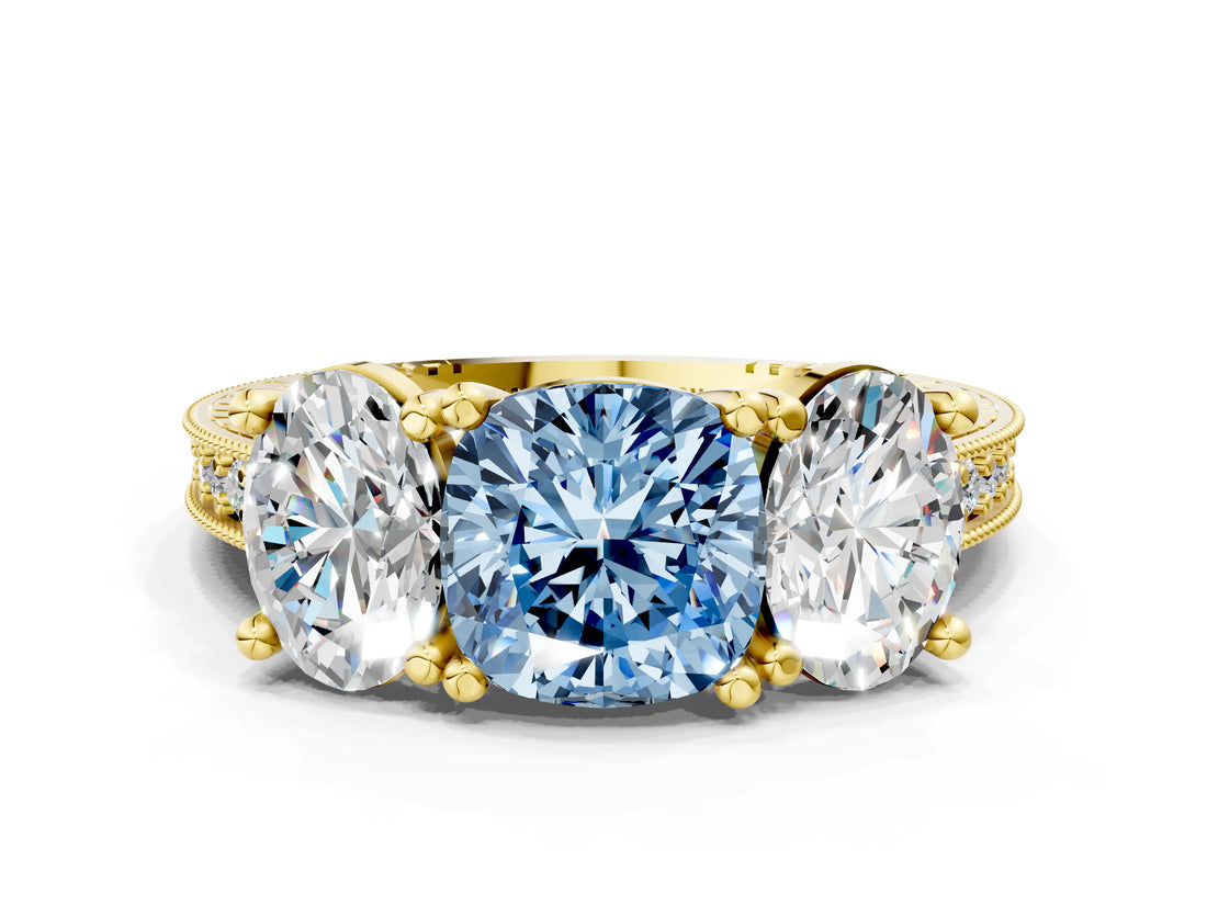 Yellow gold Three-Stone Fancy Blue Cushion  Diamond Milgrain Pave Band with Prong Setting