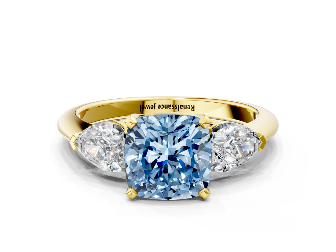 Yellow gold Three-Stone Fancy Blue Cushion  Diamond Ring with Pear Side Stones in Four-Prong Setting_58