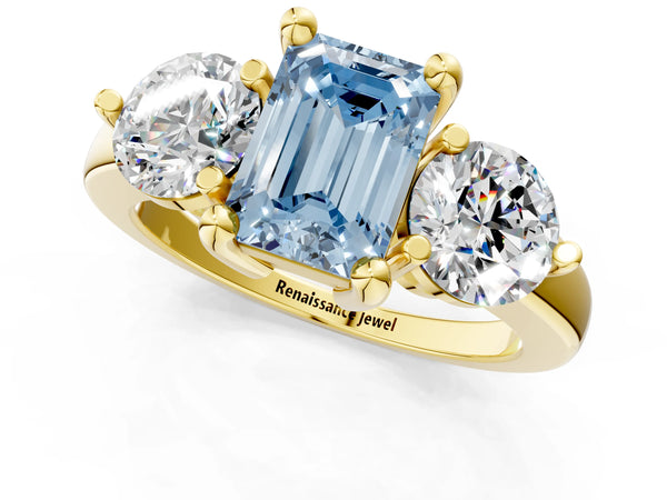 Yellow gold Three-Stone Fancy Blue Emerald  Brilliant Cut Solitaire Ring with Prong Setting on a Classic Band