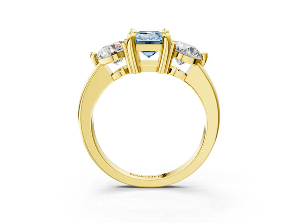 Yellow gold Three-Stone Fancy Blue Emerald  Brilliant Cut Solitaire Ring with Prong Setting on a Classic Band