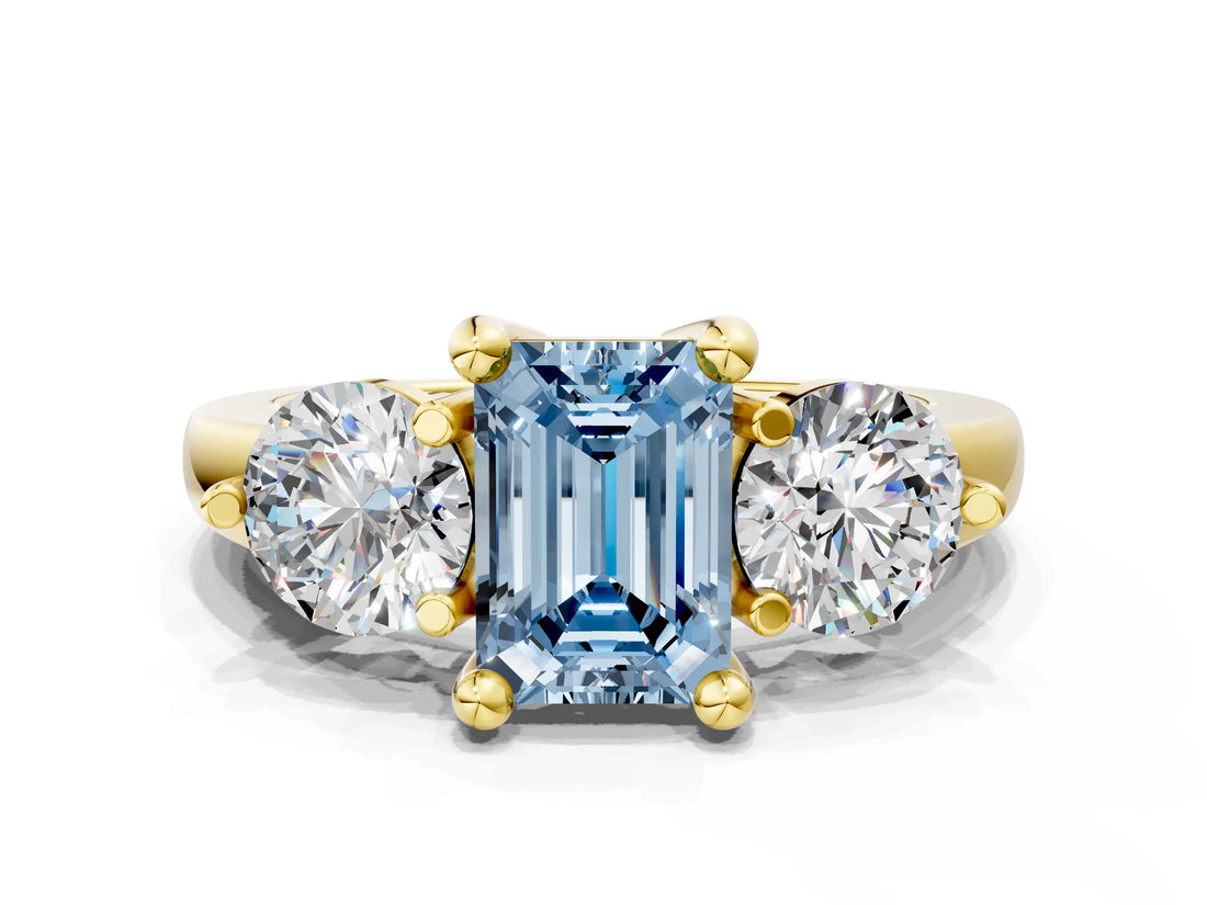 Yellow gold Three-Stone Fancy Blue Emerald  Brilliant Cut Solitaire Ring with Prong Setting on a Classic Band