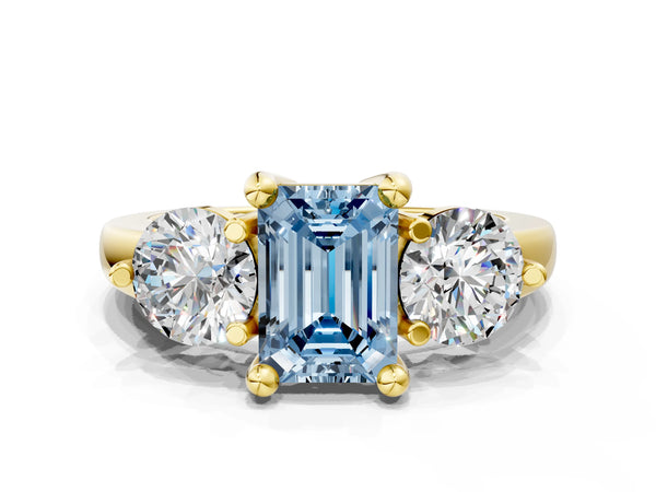 Yellow gold Three-Stone Fancy Blue Emerald  Brilliant Cut Solitaire Ring with Prong Setting on a Classic Band