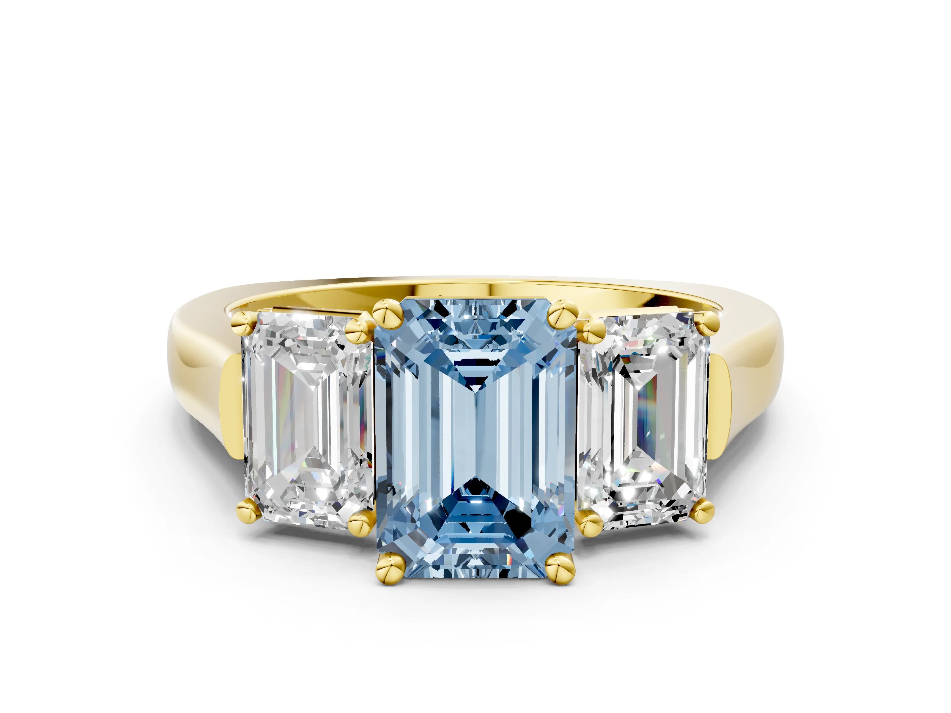 Yellow gold Three-Stone Fancy Blue Emerald Cut Brilliant Diamond Trellis Ring with Comfort Fit Band