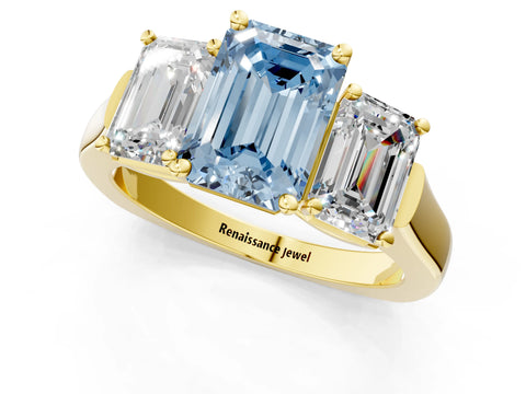 Yellow gold Three-Stone Fancy Blue Emerald Cut Brilliant Diamond Trellis Ring with Comfort Fit Band_1