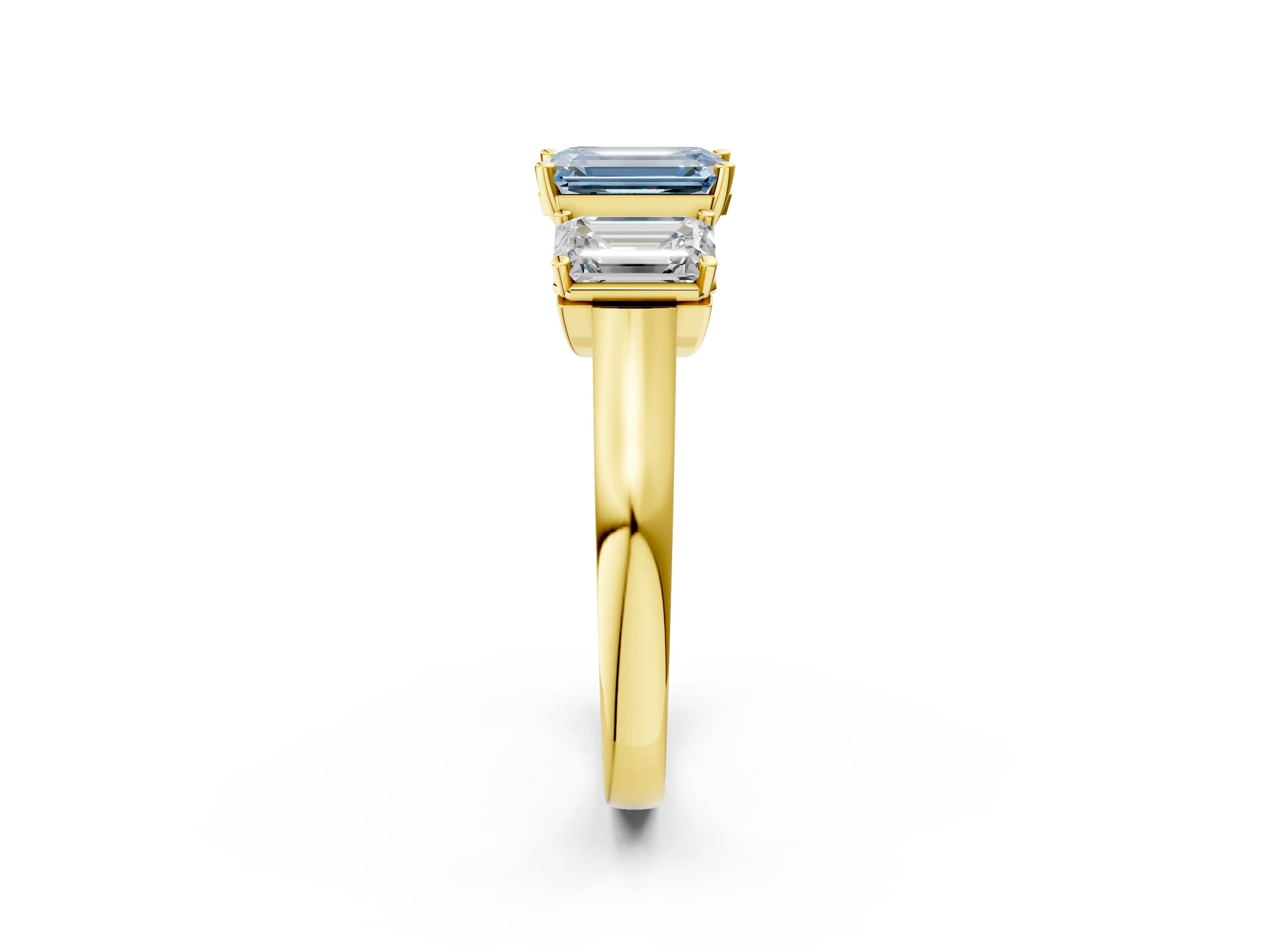 Yellow gold Three-Stone Fancy Blue Emerald Cut Brilliant Diamond Trellis Ring with Comfort Fit Band_2