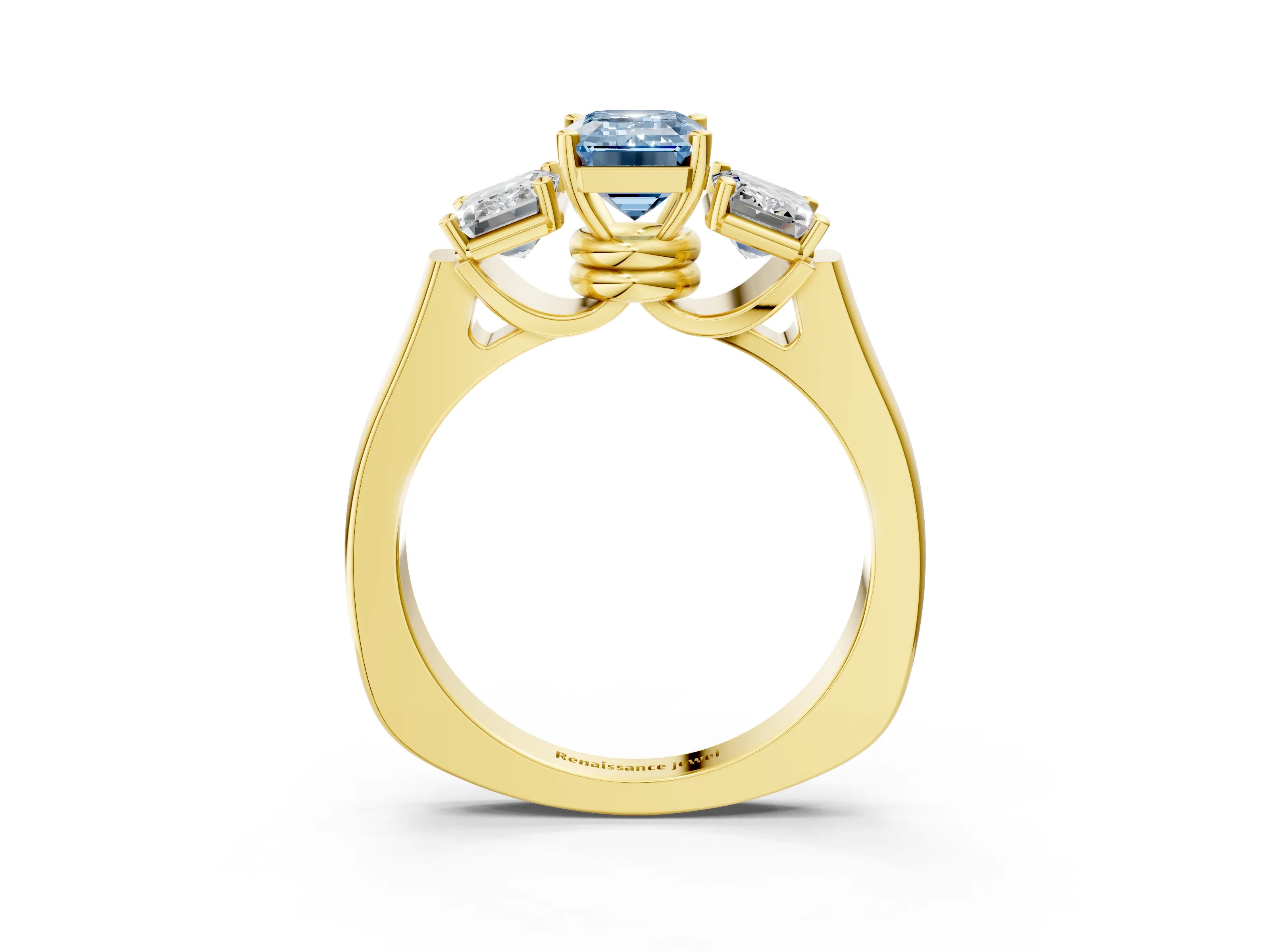 Yellow gold Three-Stone Fancy Blue Emerald Cut Brilliant Diamond Trellis Ring with Comfort Fit Band_3