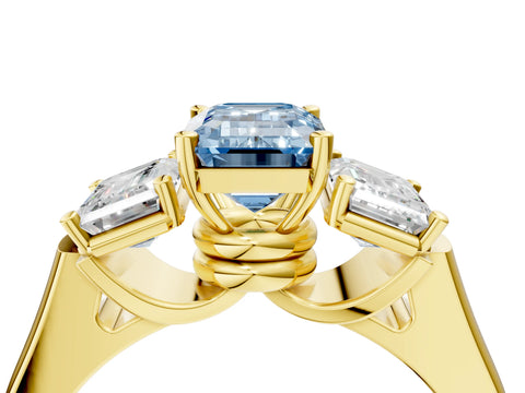 Yellow gold Three-Stone Fancy Blue Emerald Cut Brilliant Diamond Trellis Ring with Comfort Fit Band_4