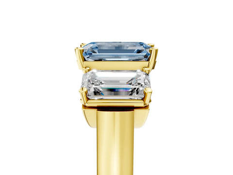 Yellow gold Three-Stone Fancy Blue Emerald Cut Brilliant Diamond Trellis Ring with Comfort Fit Band_5