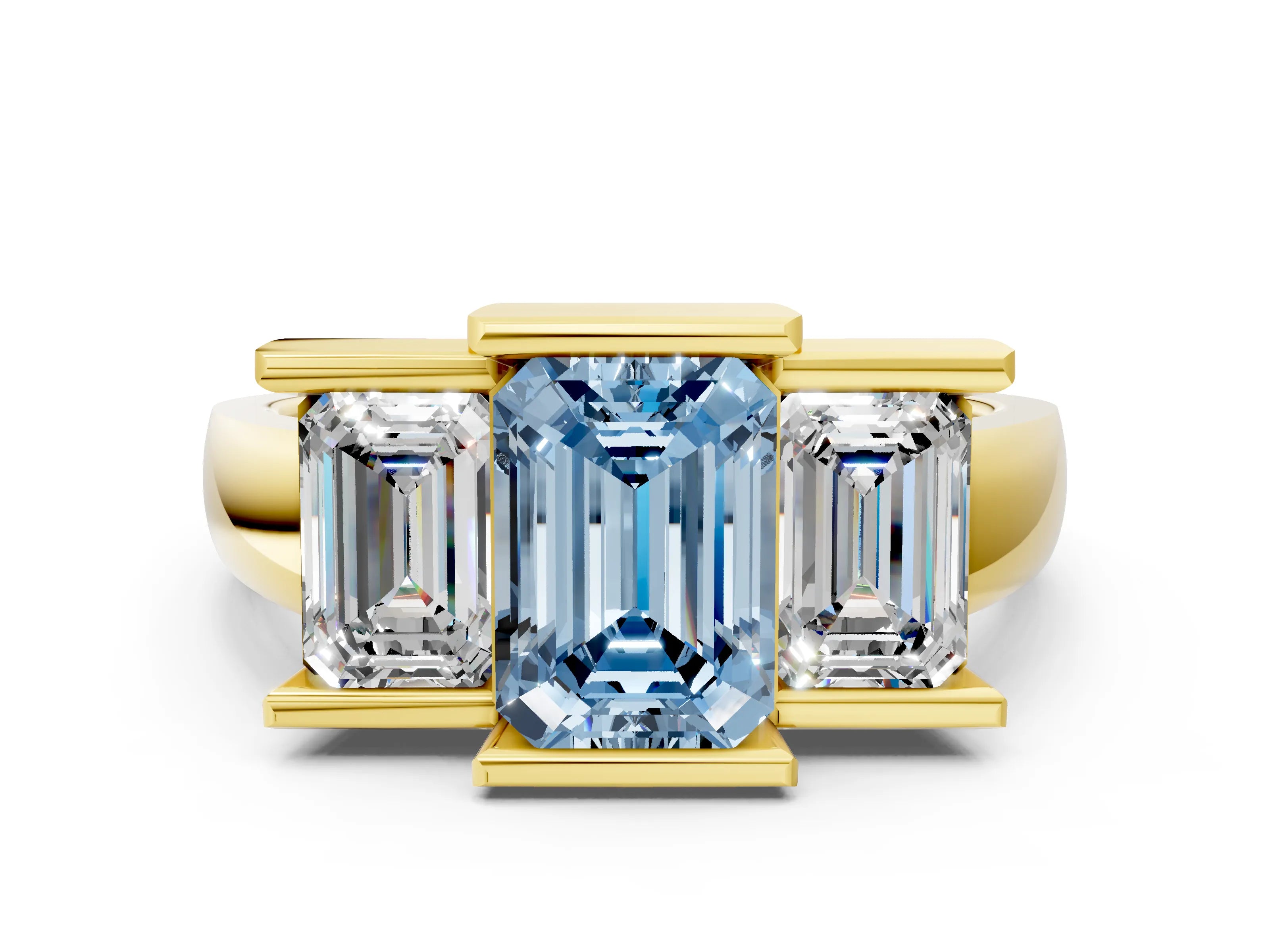 Yellow gold Three Stone Fancy Blue Emerald Cut Cut Channel Set Diamond Ring