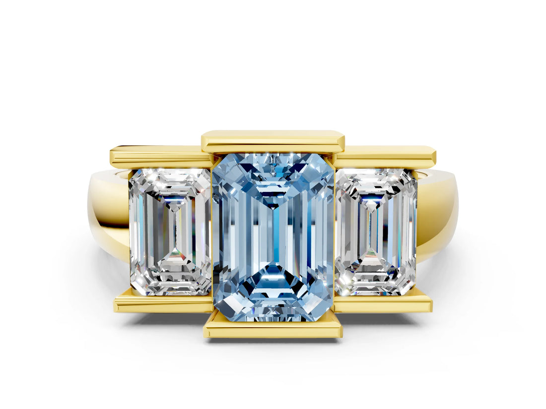Yellow gold Three Stone Fancy Blue Emerald Cut Cut Channel Set Diamond Ring