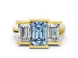Yellow gold Three Stone Fancy Blue Emerald Cut Cut Channel Set Diamond Ring