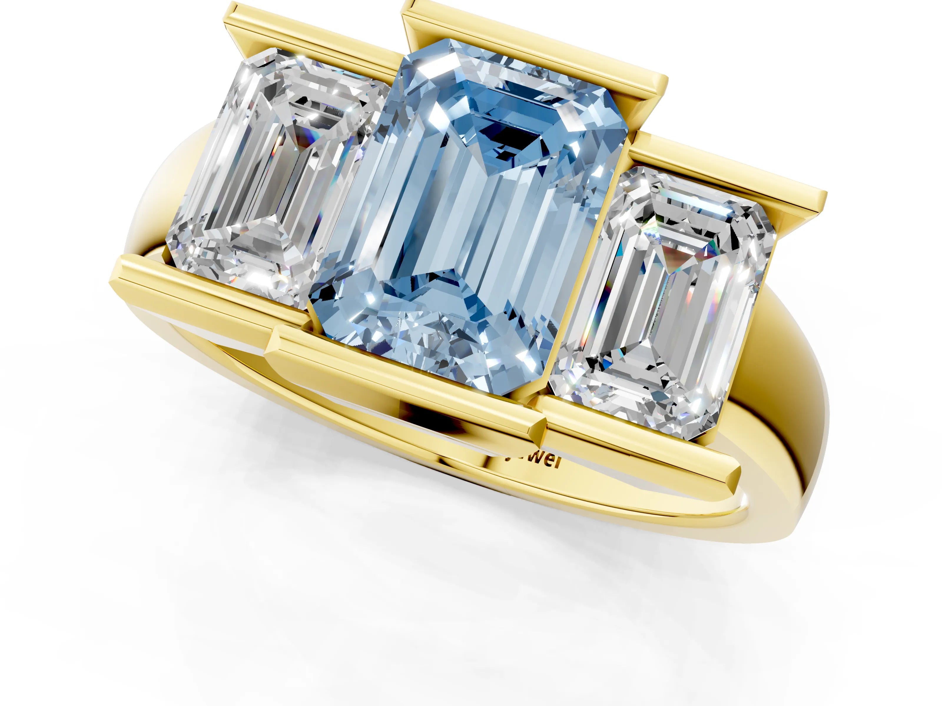 Yellow gold Three Stone Fancy Blue Emerald Cut Cut Channel Set Diamond Ring_1
