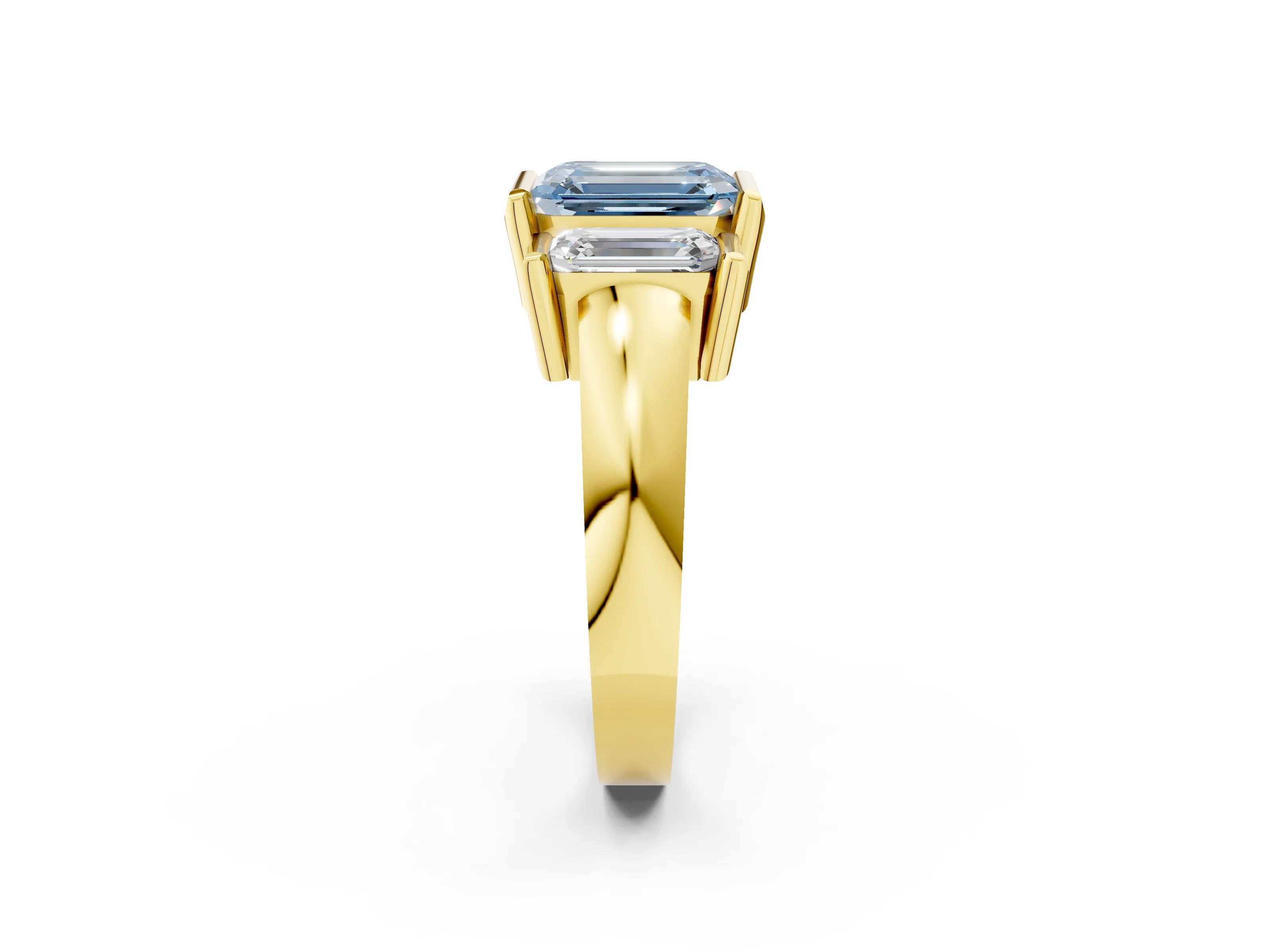 Yellow gold Three Stone Fancy Blue Emerald Cut Cut Channel Set Diamond Ring_2