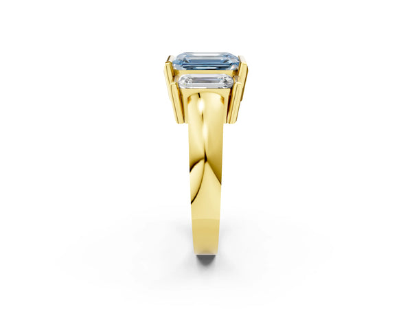 Yellow Gold Emerald Cut Channel Set Three Stone Engagement Ring Setting for Fancy Blue Center