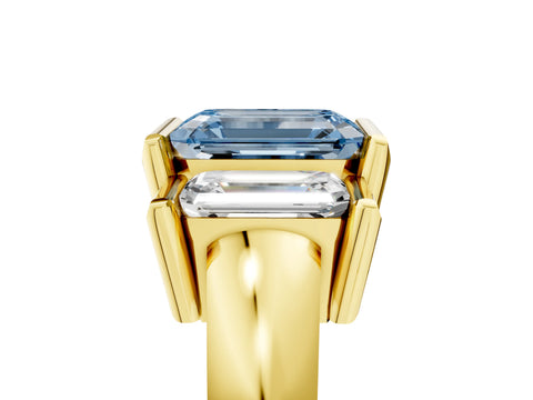 Yellow gold Three Stone Fancy Blue Emerald Cut Cut Channel Set Diamond Ring_5