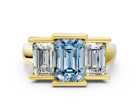 Yellow gold Three Stone Fancy Blue Emerald Cut Cut Channel Set Diamond Ring