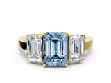 Yellow gold Three-Stone Fancy Blue Emerald Cut Cut Diamond Engagement Ring with Flat Band and Four-Prong Setting