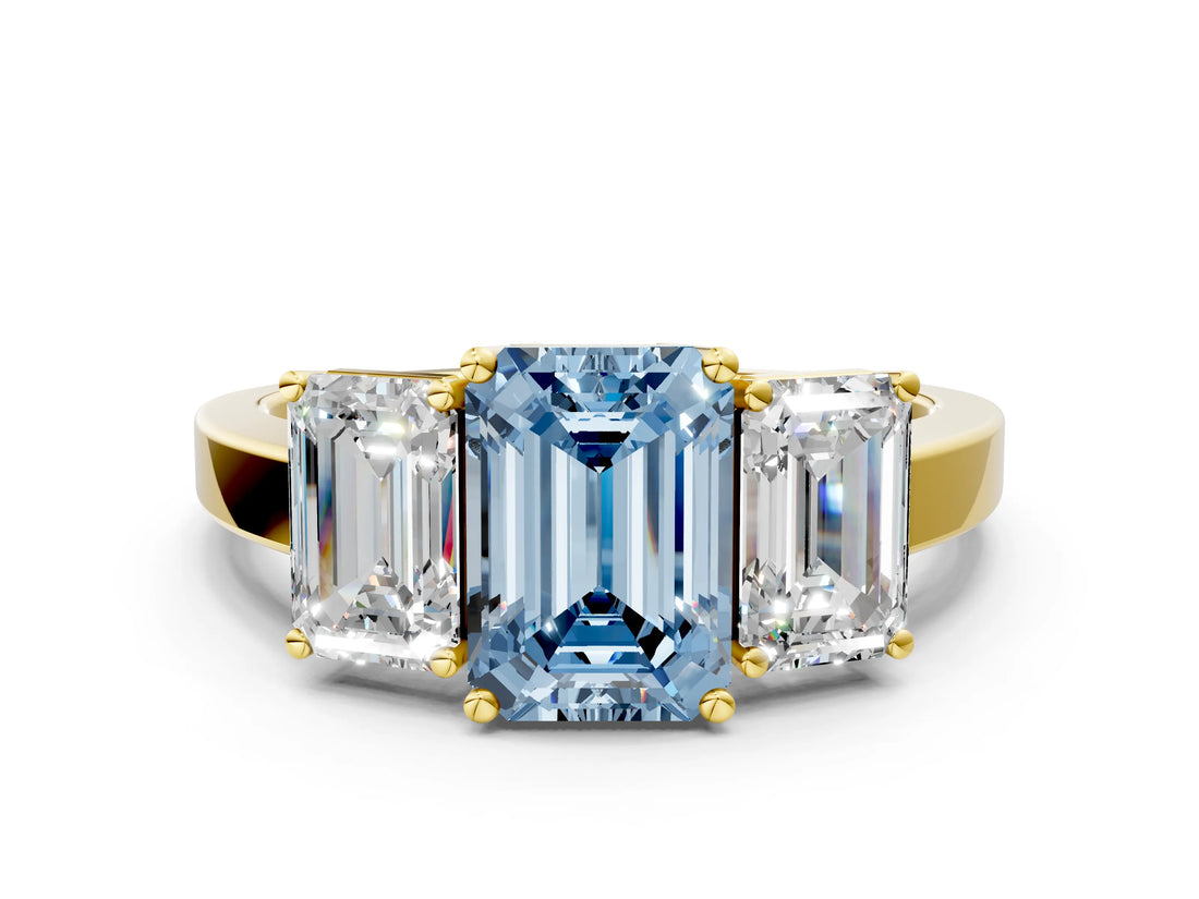 Yellow gold Three-Stone Fancy Blue Emerald Cut Cut Diamond Engagement Ring with Flat Band and Four-Prong Setting_12