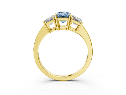 Yellow gold Three-Stone Fancy Blue Emerald Cut Cut Diamond Engagement Ring with Flat Band and Four-Prong Setting_3