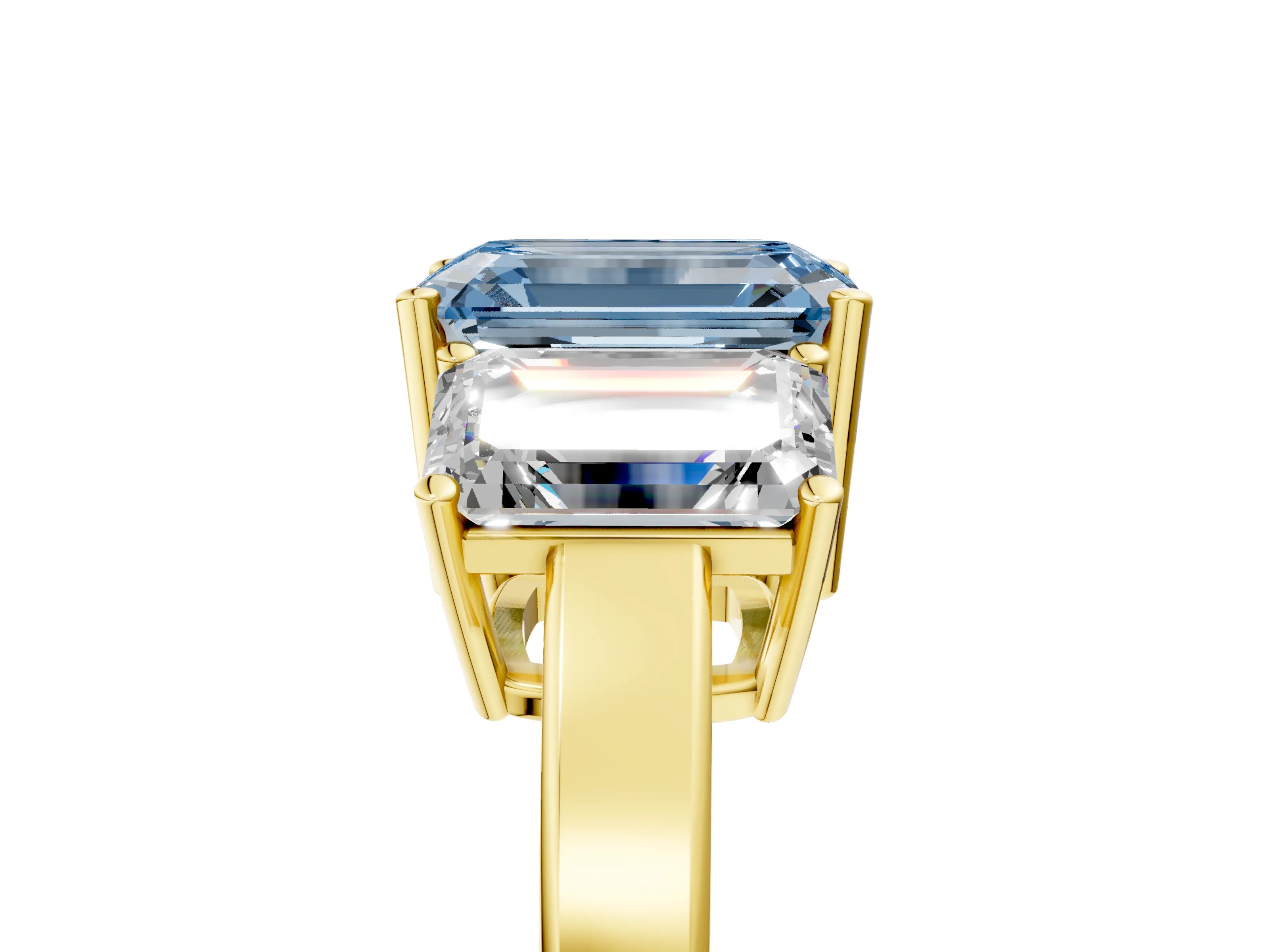 Yellow gold Three-Stone Fancy Blue Emerald Cut Cut Diamond Engagement Ring with Flat Band and Four-Prong Setting_5
