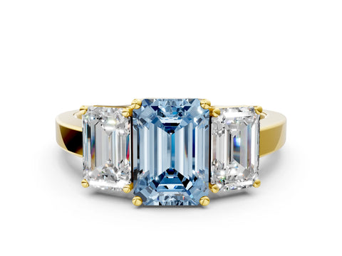 Yellow gold Three-Stone Fancy Blue Emerald Cut Cut Diamond Engagement Ring with Flat Band and Four-Prong Setting