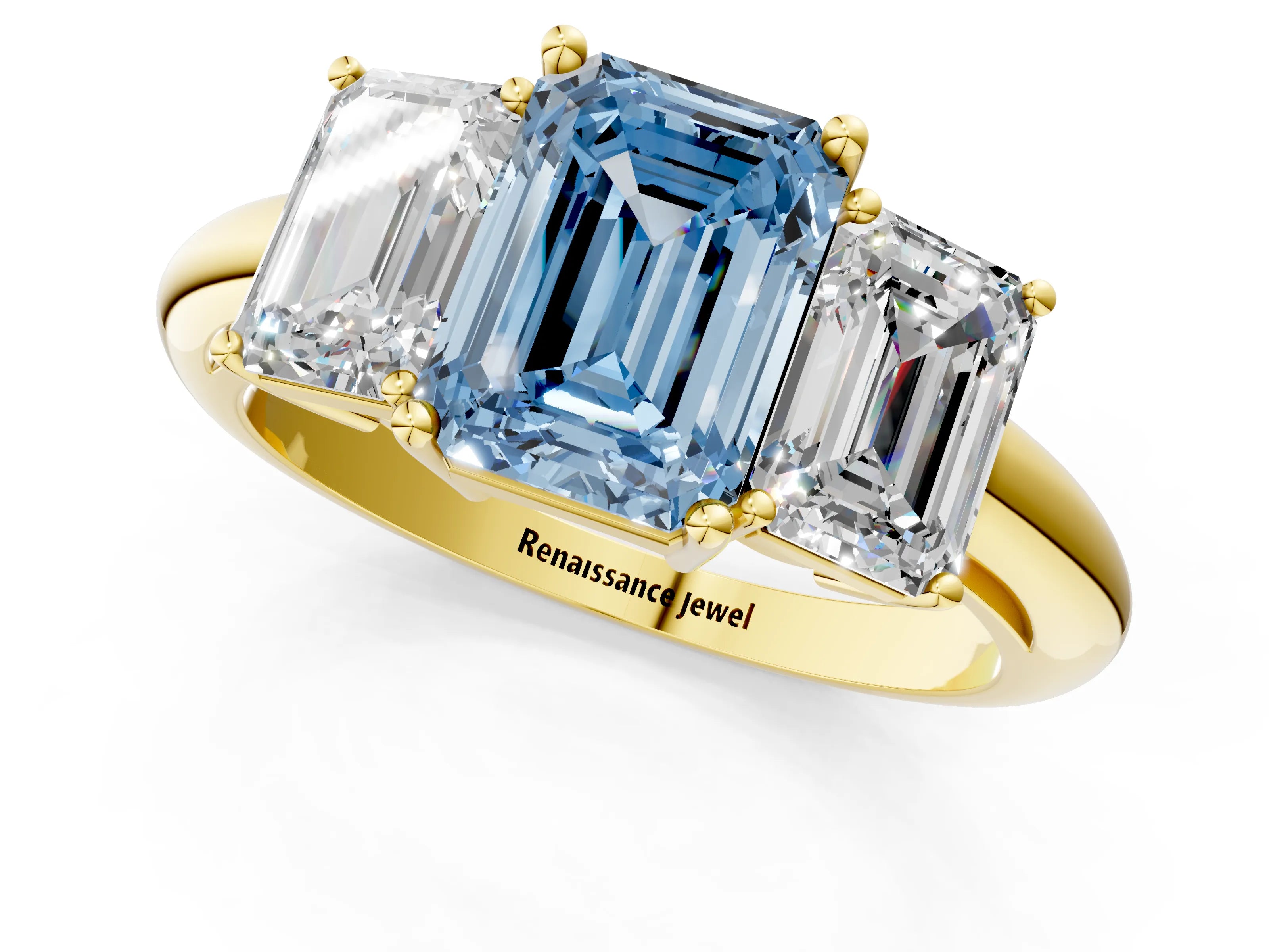 Yellow gold Three-Stone Fancy Blue Emerald Cut Cut Diamond Engagement Ring with Prong Setting on a White Gold Band_1