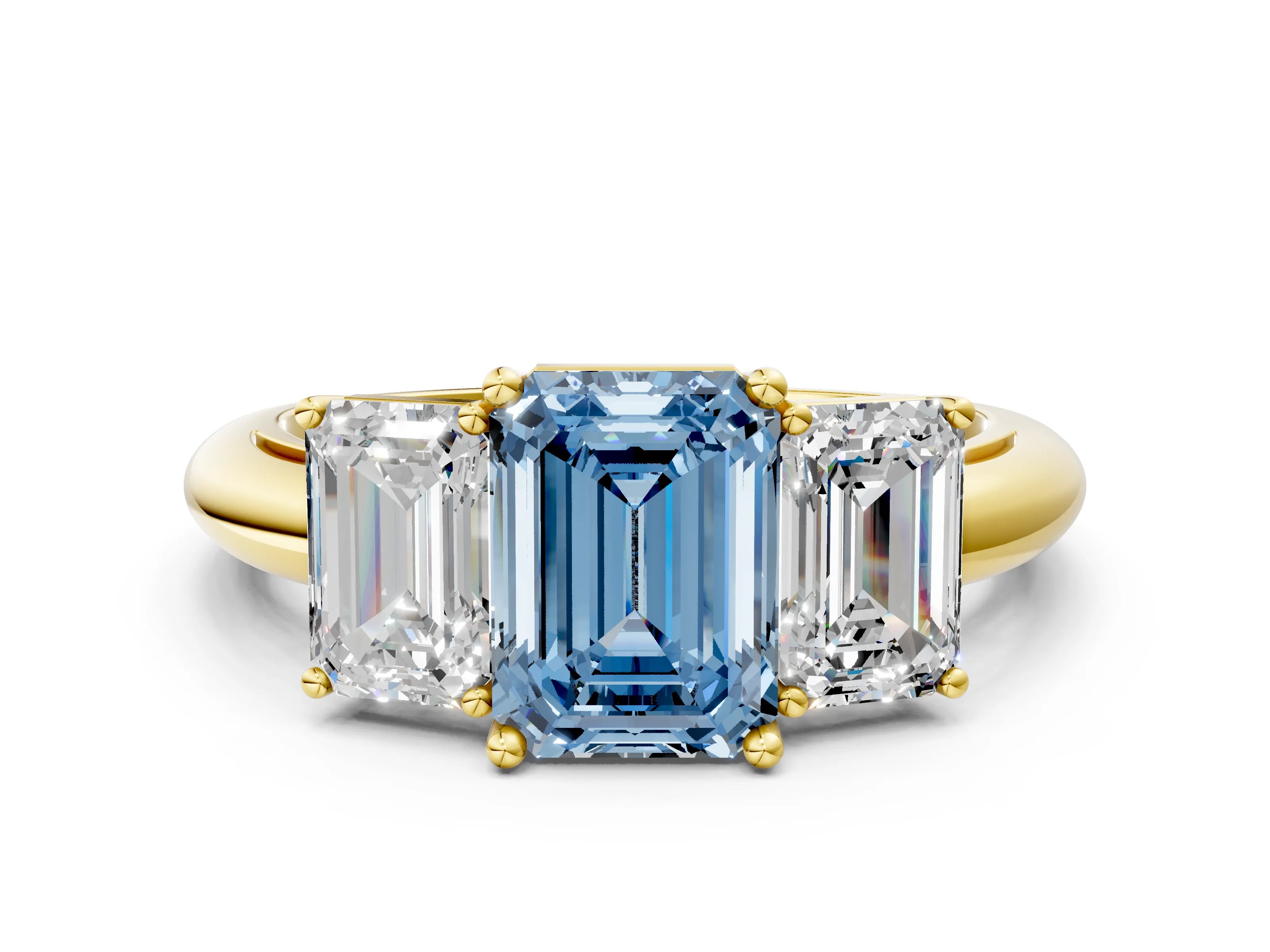 Yellow gold Three-Stone Fancy Blue Emerald Cut Cut Diamond Engagement Ring with Prong Setting on a White Gold Band_24