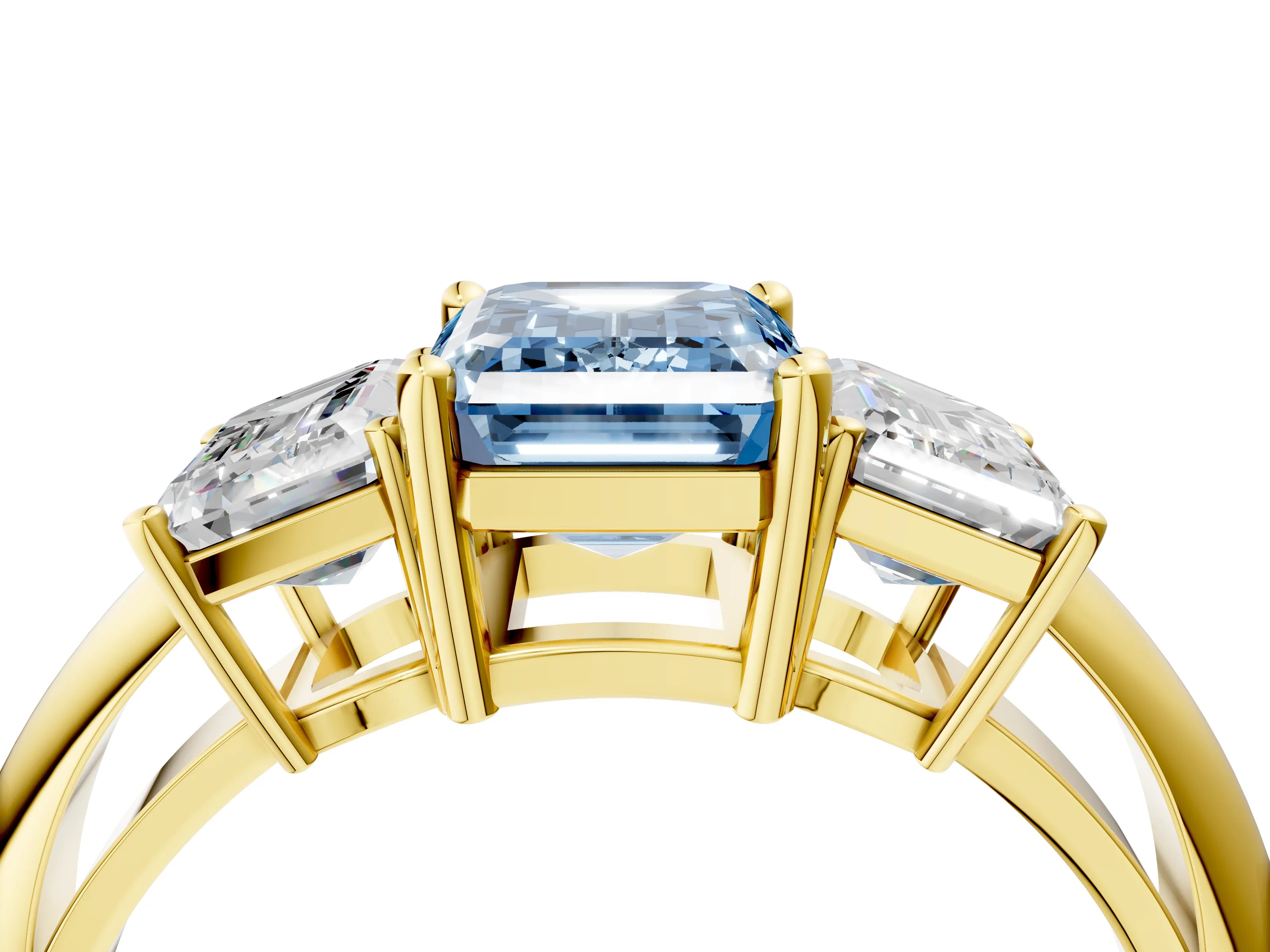 Yellow gold Three-Stone Fancy Blue Emerald Cut Cut Diamond Engagement Ring with Prong Setting on a White Gold Band_28