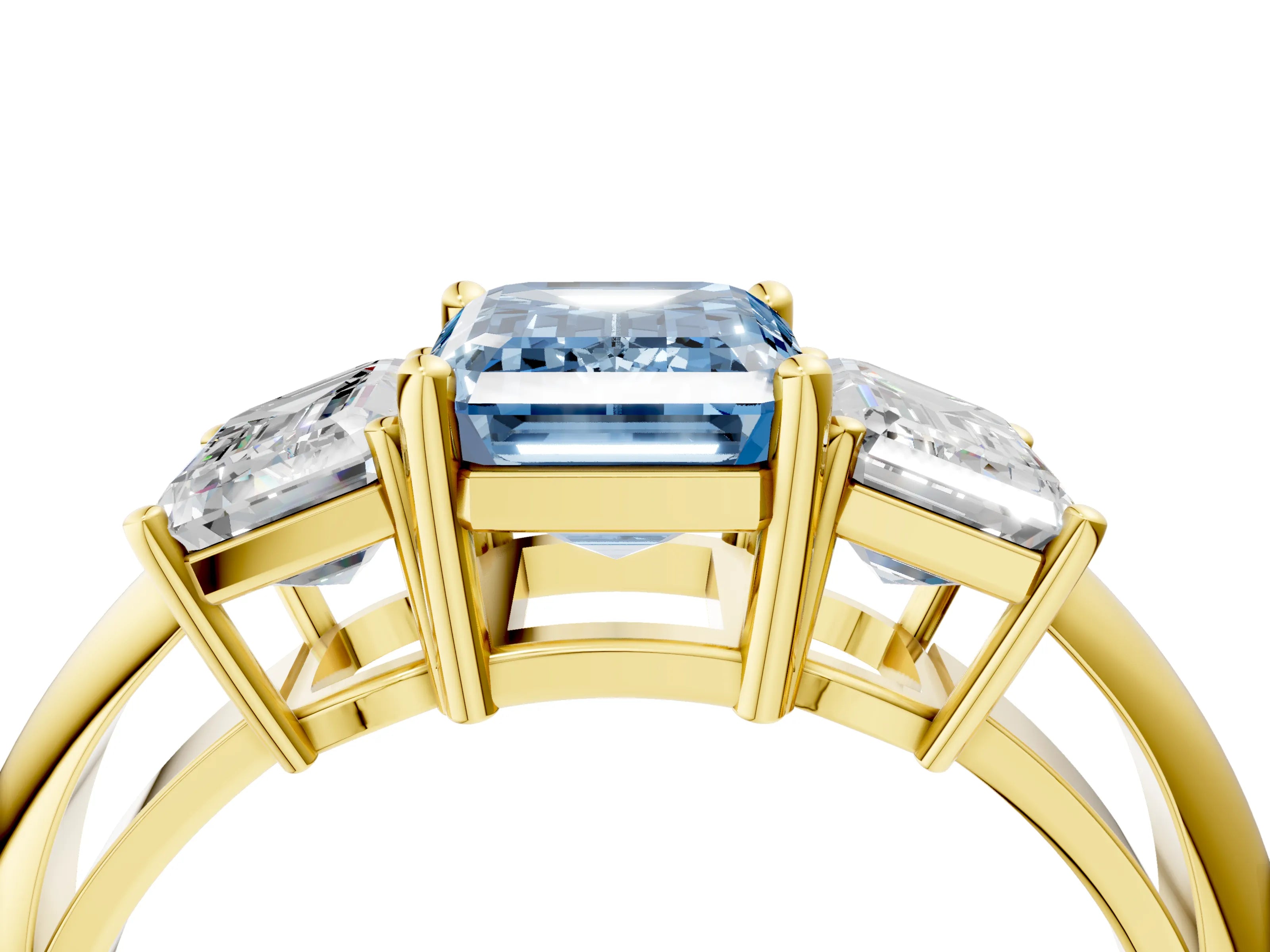 Yellow gold Three-Stone Fancy Blue Emerald Cut Cut Diamond Engagement Ring with Prong Setting on a White Gold Band_4
