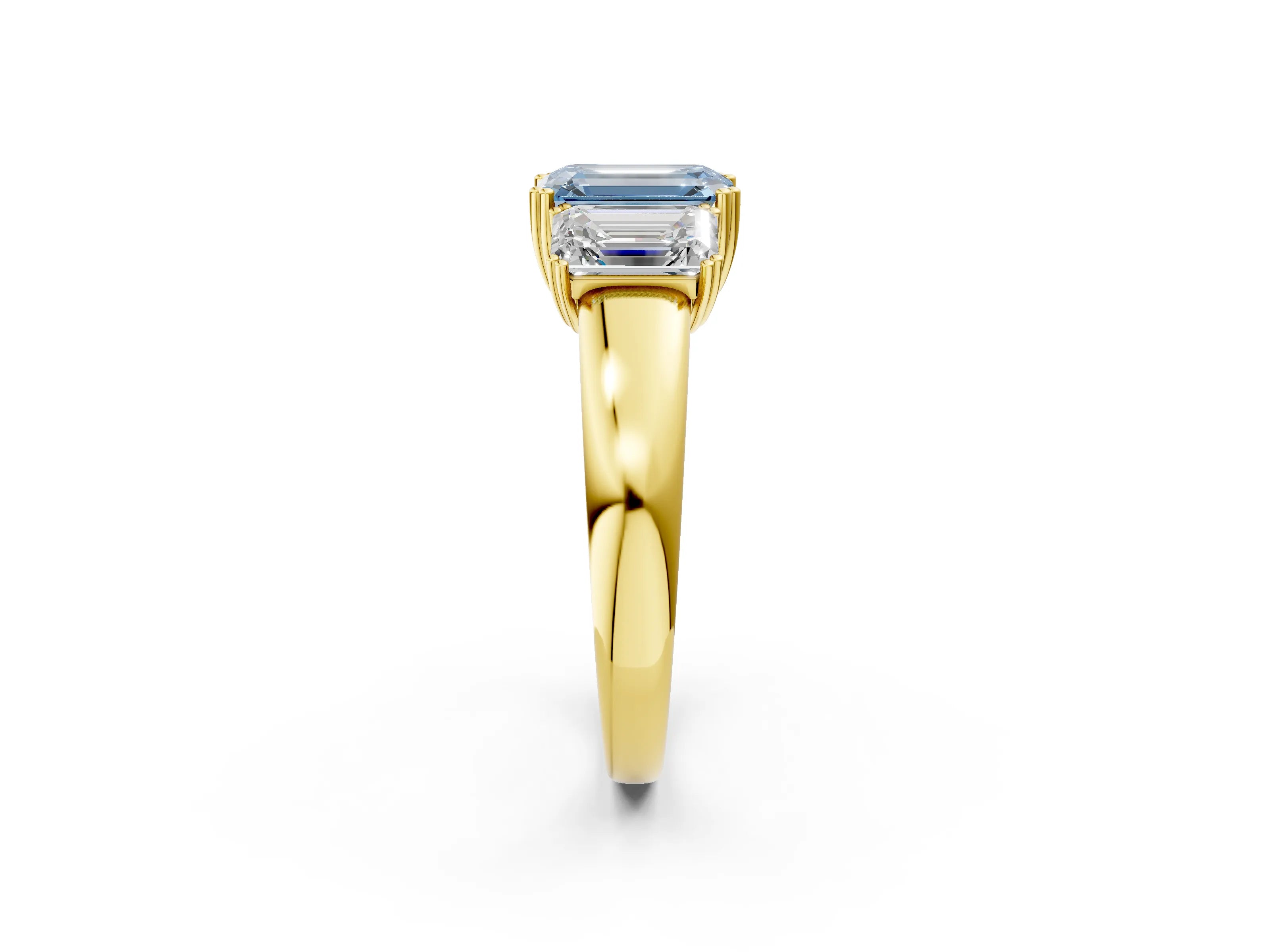 Yellow gold Three-Stone Fancy Blue Emerald Cut Cut Diamond Ring with Channel Set Band and Four-Prong Setting_2