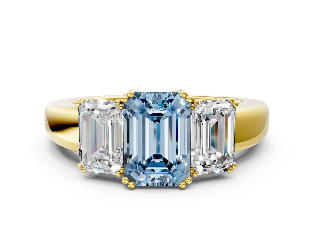 Yellow gold Three-Stone Fancy Blue Emerald Cut Cut Diamond Ring with Channel Set Band and Four-Prong Setting_24
