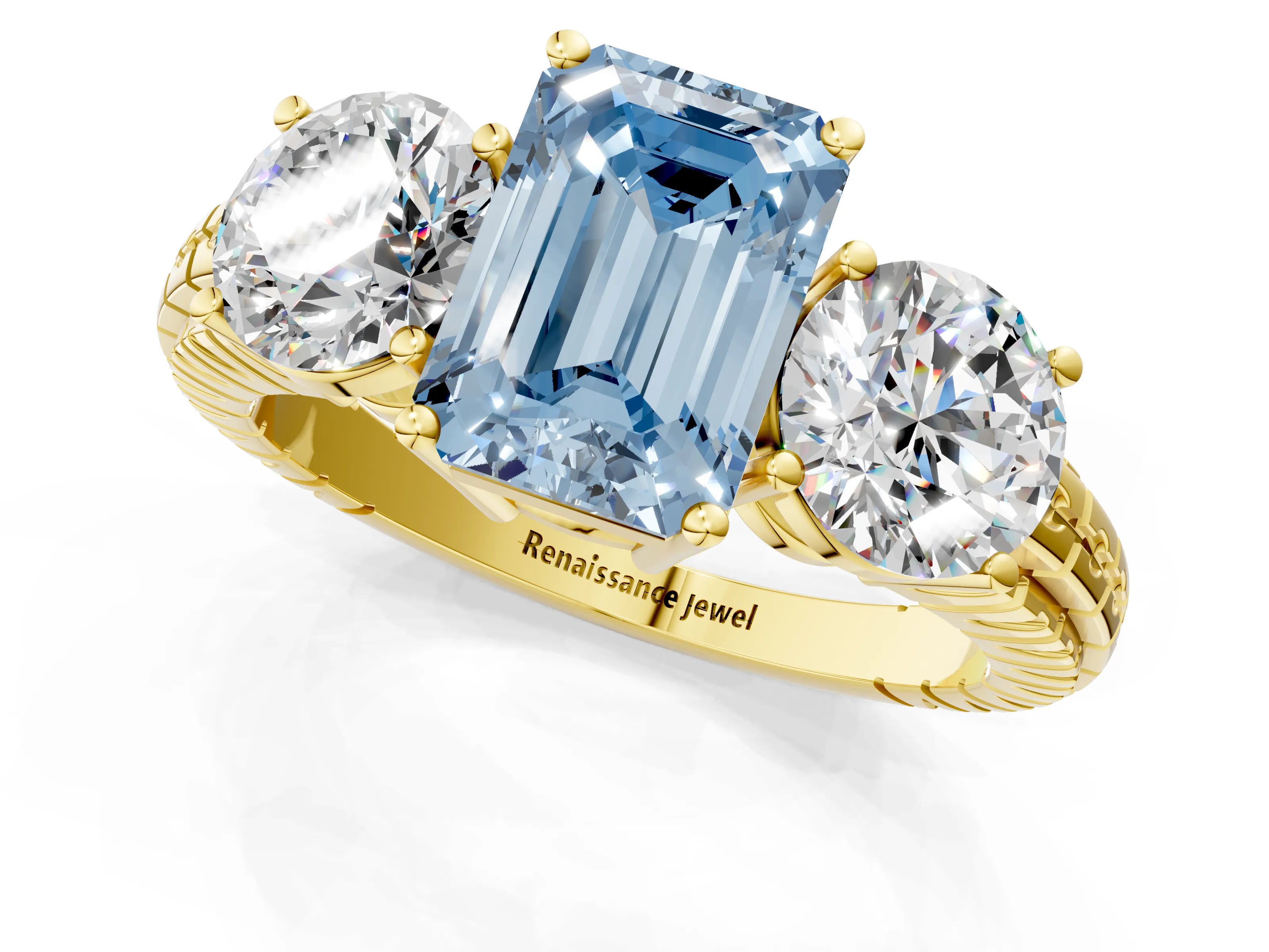 Yellow gold Three-Stone Fancy Blue Emerald Cut Cut Diamond Ring with Channel-Set Band and Prong Setting_1