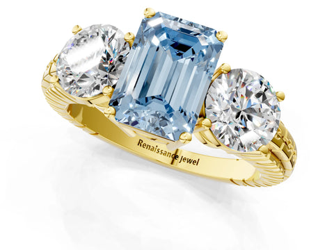 Yellow gold Three-Stone Fancy Blue Emerald Cut Cut Diamond Ring with Channel-Set Band and Prong Setting_1