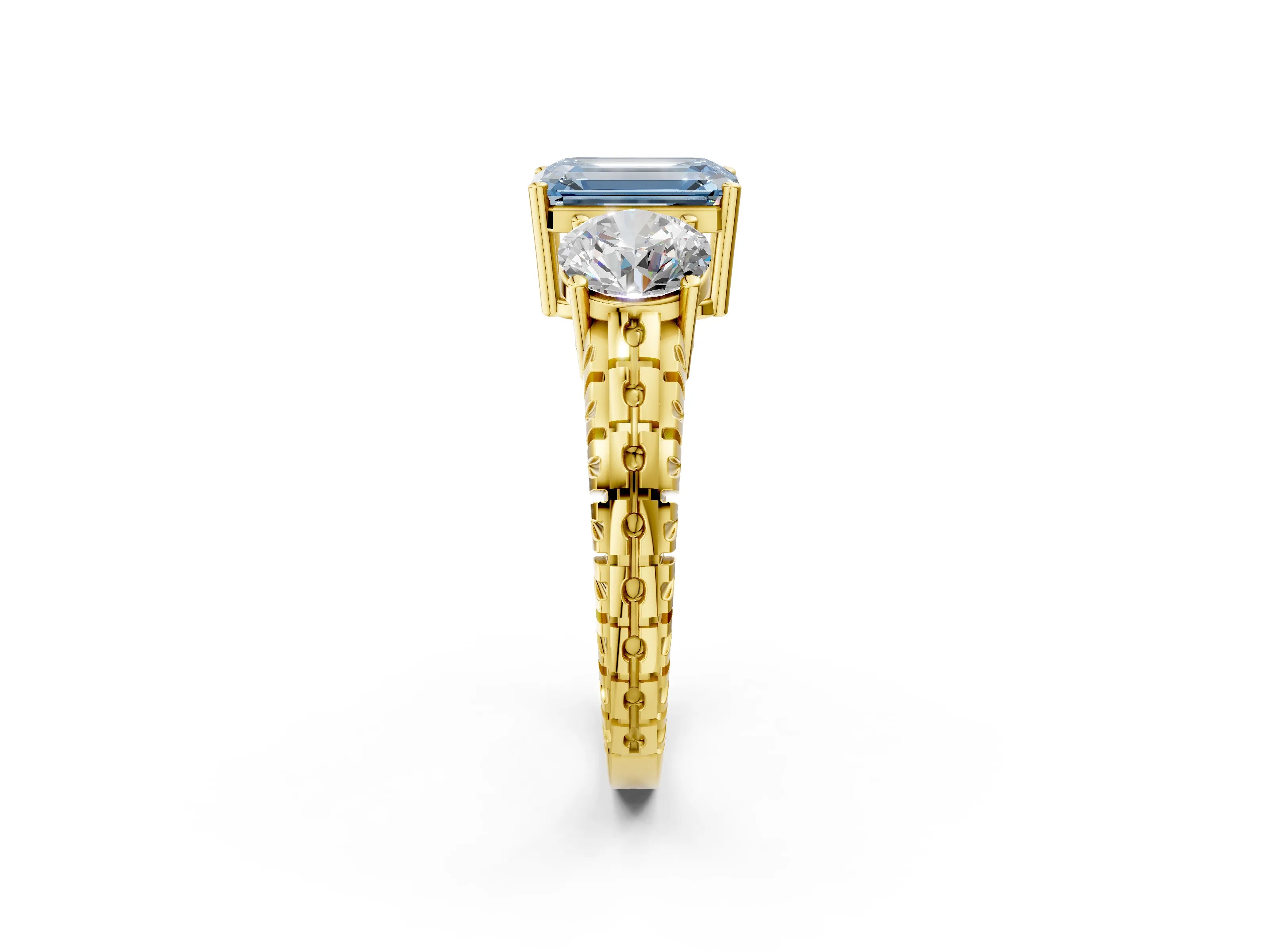 Yellow gold Three-Stone Fancy Blue Emerald Cut Cut Diamond Ring with Channel-Set Band and Prong Setting_2