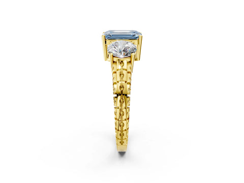 Yellow gold Three-Stone Fancy Blue Emerald Cut Cut Diamond Ring with Channel-Set Band and Prong Setting_2