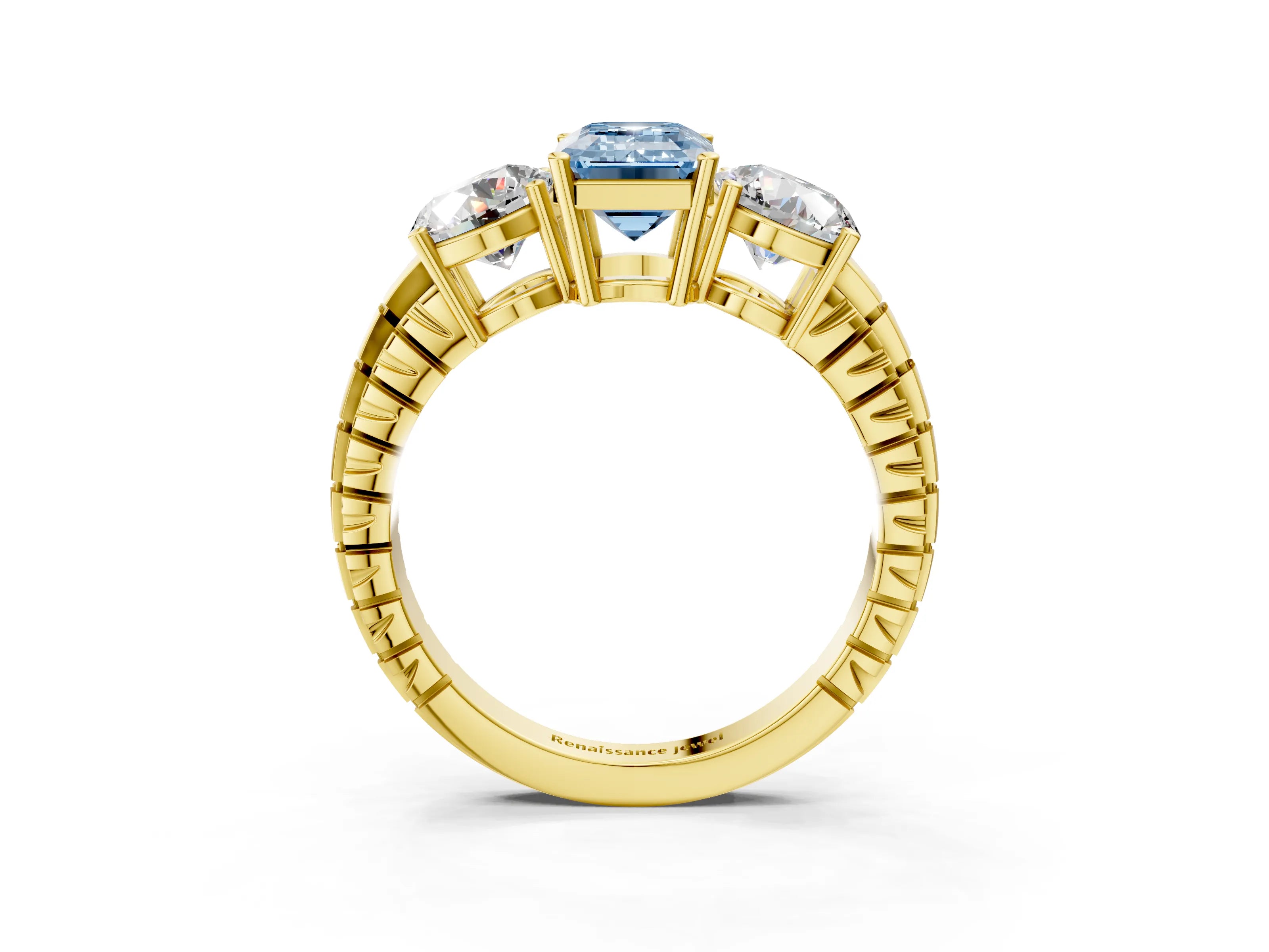 Yellow gold Three-Stone Fancy Blue Emerald Cut Cut Diamond Ring with Channel-Set Band and Prong Setting_3